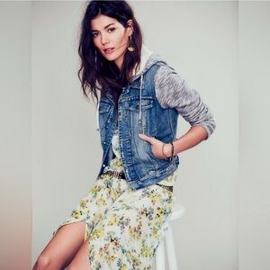 Free People Knit Hooded Denim Jacket Distressed Indigo Rinse L